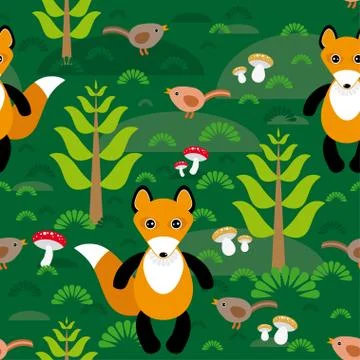 Seamless pattern fox and forest tree mushrooms kids background. Illustrazione stock