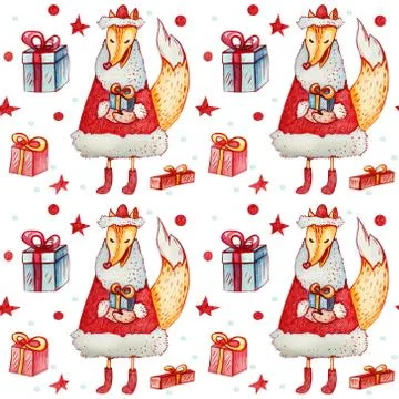 Seamless pattern with fox and gifts. Stock Illustration
