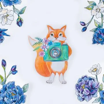 Seamless pattern fox with camera and blue flower on white background. Stock Illustration