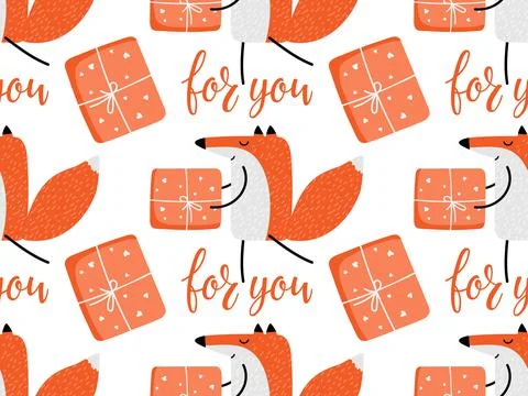 Seamless pattern with fox carries gift. For you lettering. Funny character for Illustrazione stock