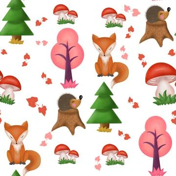The seamless pattern with a Fox hedgehog autumn trees and mushrooms on a whit Illustrazione stock