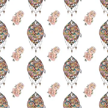 Seamless pattern fox with patterns and roses on a white background. Stock Illustration