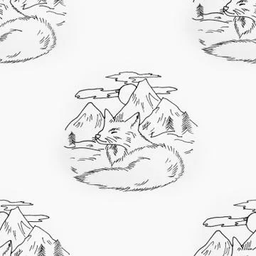 Seamless pattern fox resting in a mountain valley on a white background. 스톡 일러스트