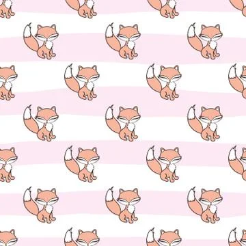 Seamless pattern with fox stickers isolated on pink and white striped background Stock Illustration