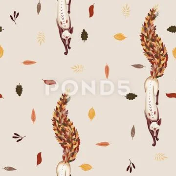 Seamless pattern. Fox with the tail of fallen autumn leaves. Leaf fall. On a Stock Illustration
