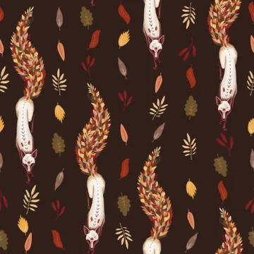Seamless pattern. Fox with the tail of fallen autumn leaves. Leaf fall. On a Stock Illustration
