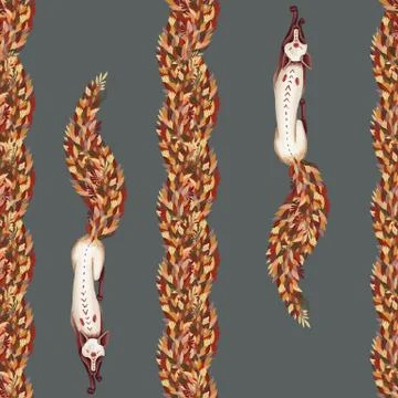 Seamless pattern. Fox with the tail of fallen autumn leaves. Leaf fall. On a イラスト素材