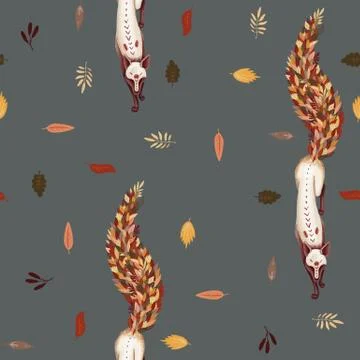 Seamless pattern. Fox with the tail of fallen autumn leaves. Leaf fall. On a Stock Illustration