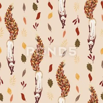Seamless pattern. Fox with the tail of fallen autumn leaves. Leaf fall. On a Stock Illustration