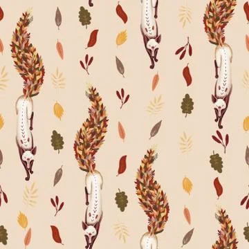 Seamless pattern. Fox with the tail of fallen autumn leaves. Leaf fall. On a Stock Illustration