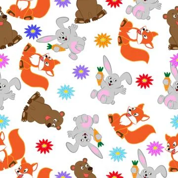 Seamless pattern of fox, teddy bear and rabbit on a white background. Stock Illustration