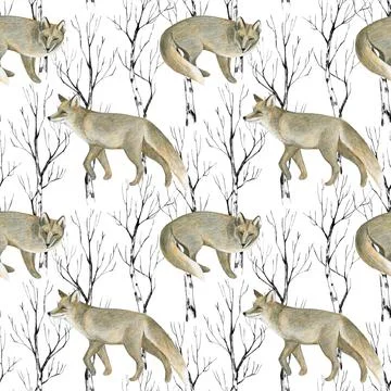 Seamless pattern with .foxes and birches. Pencil drawing illustration. Stock Illustration