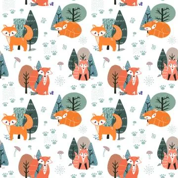 Seamless pattern with foxes and different elements. Illustration hand drawn Stock Illustration