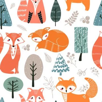 Seamless pattern with foxes and different elements. Illustration hand drawn i 스톡 일러스트