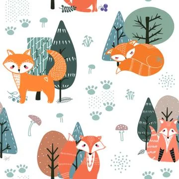 Seamless pattern with foxes and different elements. Illustration hand drawn i Stock Illustration