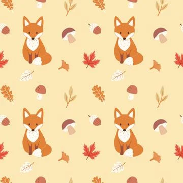 Seamless pattern with foxes autumn forest plants leaves. Cute vector Illustrazione stock