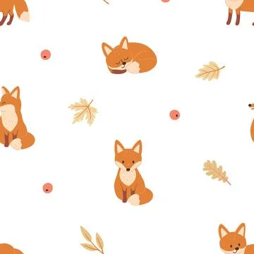 Seamless pattern with foxes autumn plants leaves. Cute vector illustration for Illustrazione stock
