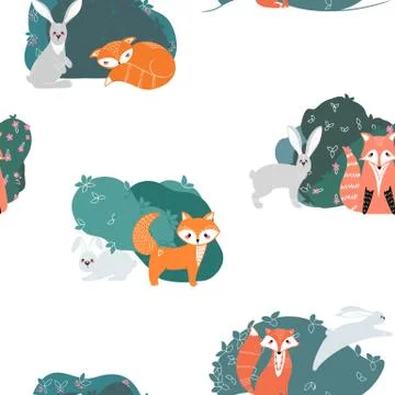 Seamless pattern with foxes, rabbits, hares and different elements. Stock Illustration