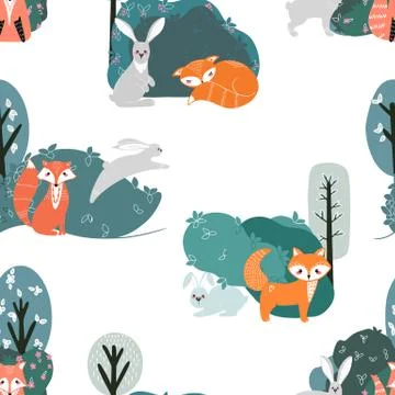 Seamless pattern with foxes, rabbits, hares and different elements. Stock Illustration