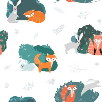 Seamless pattern with foxes, rabbits, hares and different elements. Illustrat Stock Illustration