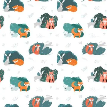 Seamless pattern with foxes, rabbits, hares and different elements. Stock Illustration