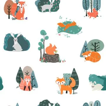 Seamless pattern. Foxes, Squirrels, Hares on the background of trees, plants. Stock Illustration