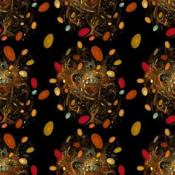 Seamless pattern with fractal abstract eggs in nests, black background Stock Illustration