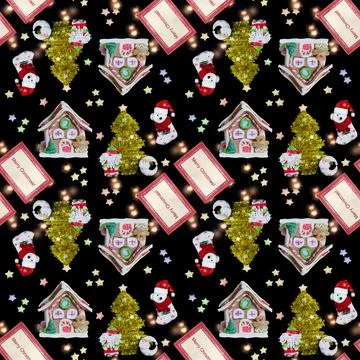 Seamless pattern with framed greetings and Christmas decorations on a black Stock Photos