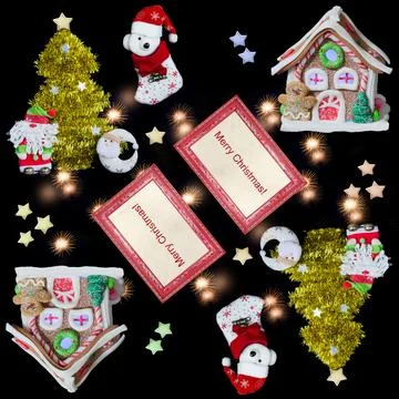 Seamless pattern with framed greetings and Christmas decorations on a black 写真素材
