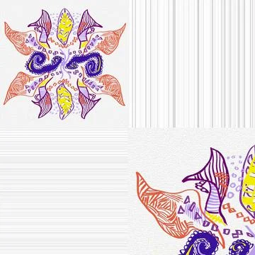 Seamless Pattern Of Free Hand Drawings Multiple Colors And Striped Squares. Stock Illustration