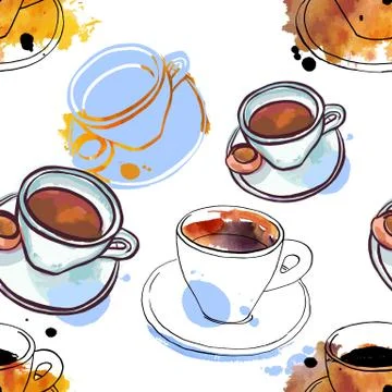 Seamless pattern of freehand vector and watercolour coffee drawi Stock Illustration