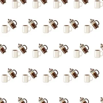 Seamless pattern with french press coffee makers and white mugs on white ba.. Illustrazione stock