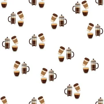 Seamless pattern with french press coffee makers and cups on white background Illustrazione stock