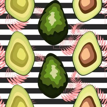 Seamless pattern with fresh avocado, hand drawn backdrop. Colorful illustrati Illustrazione stock