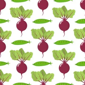 Seamless pattern with fresh beet and pea vegetables. Organic food. Vector. 스톡 일러스트