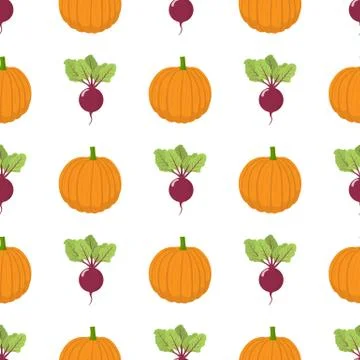 Seamless pattern with fresh beet and pumpkin vegetables. Organic food. Vector. 스톡 일러스트