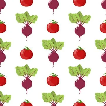 Seamless pattern with fresh beet and tomato vegetables. Organic food. Vector. Stock Illustration