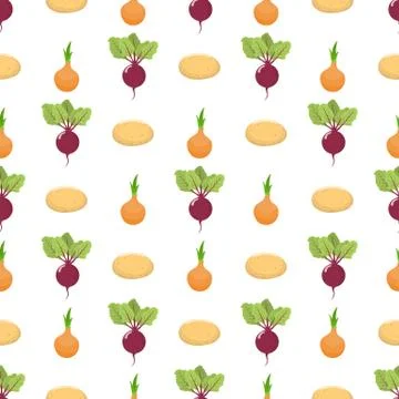 Seamless pattern with fresh beet, onion and potato vegetables. Vector. Stockillustratie