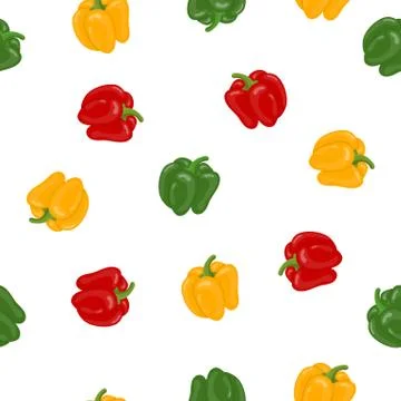 Seamless Pattern with Fresh Bell Pepper Vegetables on white background. Vector. Stock Illustration