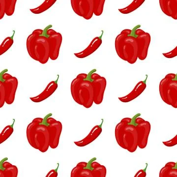 Seamless pattern with fresh bell pepper and chilli pepper vegetables. Vector. Stock Illustration