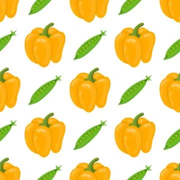 Seamless pattern with fresh bell pepper and pea vegetables. Organic food. Vector Illustrazione stock