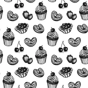Seamless pattern with fresh berries and desserts. Stock-Illustration