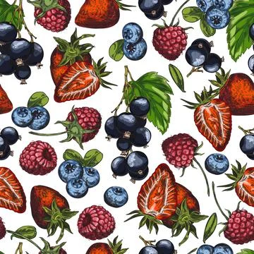 Seamless pattern with fresh blueberries, strawberries, raspberry and black Stock Illustration
