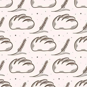 Seamless pattern with fresh bread and ears of wheat 스톡 일러스트