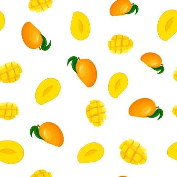 Seamless pattern with fresh bright exotic whole and sliced mango isolated on  Stock Illustration