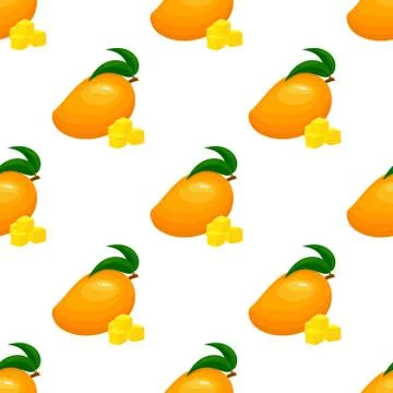 Seamless pattern with fresh bright exotic whole and sliced mango isolated on  Stock Illustration