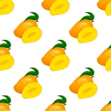 Seamless pattern with fresh bright exotic whole and half mango isolated on wh Stock Illustration