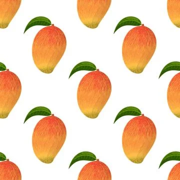 Seamless pattern with fresh bright exotic whole mango isolated on white backg Stock Illustration