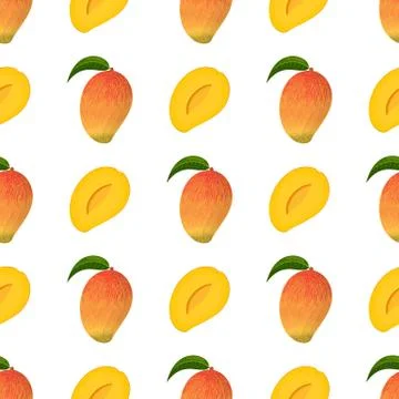 Seamless pattern with fresh bright exotic whole and half mango isolated on wh Stock Illustration
