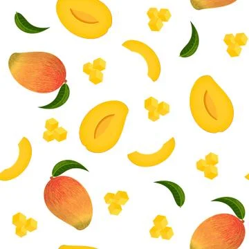 Seamless pattern with fresh bright exotic whole and sliced mango isolated on  Illustrazione stock